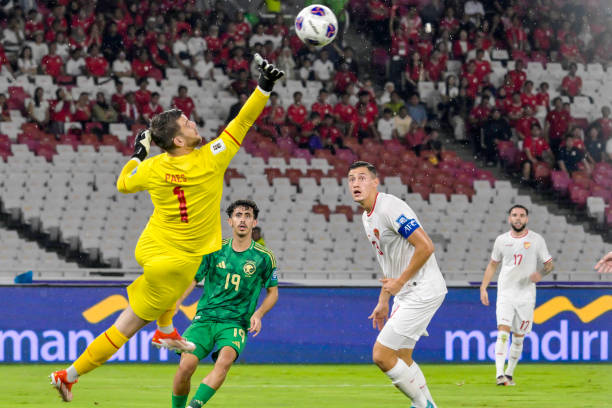 Indonesia's goalkeeper Maarten Vincent Paes (L) jumps to catch the ball during the 2026 World Cup Asian qualification football match between Saudi Arabia and Indonesia at Bung Karno Stadium in Jakarta on November 19, 2024. (Photo by BAY ISMOYO / AFP) (Photo by BAY ISMOYO/AFP via Getty Images)