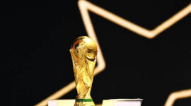 The FIFA World Cup Trophy is displayed on the stage during the draw for the 2026 FIFA Football World Cup taking place in the US, Canada and Mexico, at the Kennedy Center, in Washington, DC, on December 5, 2025. (Photo by Mandel NGAN / POOL / AFP via Getty Images)