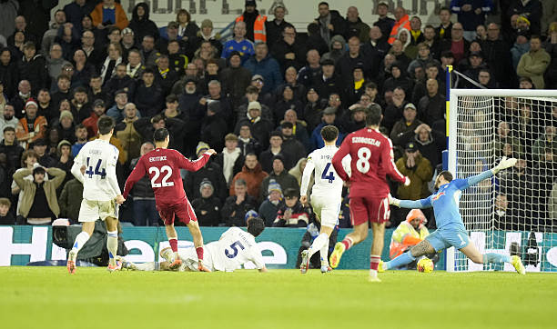 Liverpool's Hugo Ekitike scores their side's first goal of the game during the Premier League match at Elland Road, Leeds. Picture date: Saturday December 6, 2025. (Photo by Danny Lawson/PA Images via Getty Images)