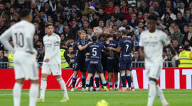 Celta de Vigo players celebrate scoring their first goal during the Spanish league football match between Real Madrid CF and RC Celta de Vigo at the Santiago Bernabeu Stadium in Madrid on December 7, 2025. (Photo by Thomas COEX / AFP via Getty Images)
