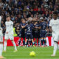 Celta de Vigo players celebrate scoring their first goal during the Spanish league football match between Real Madrid CF and RC Celta de Vigo at the Santiago Bernabeu Stadium in Madrid on December 7, 2025. (Photo by Thomas COEX / AFP via Getty Images)