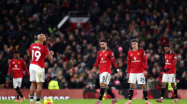 MANCHESTER, ENGLAND - DECEMBER 04: Bruno Fernandes of Manchester United looks dejected after Soungoutou Magassa of West Ham United (not pictured) scored his team's first goal during the Premier League match between Manchester United and West Ham United at Old Trafford on December 04, 2025 in Manchester, England. (Photo by Justin Setterfield/Getty Images)