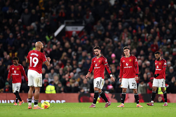 MANCHESTER, ENGLAND - DECEMBER 04: Bruno Fernandes of Manchester United looks dejected after Soungoutou Magassa of West Ham United (not pictured) scored his team's first goal during the Premier League match between Manchester United and West Ham United at Old Trafford on December 04, 2025 in Manchester, England. (Photo by Justin Setterfield/Getty Images)
