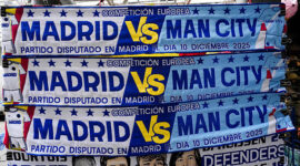 Real Madrid and Manchester City scarfs for sale near the Bernabeu Stadium, Madrid. Picture date: Tuesday December 9, 2025. (Photo by Mike Egerton/PA Images via Getty Images)