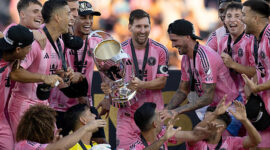FORT LAUDERDALE, FLORIDA - DECEMBER 06: Lionel Messi #10 of Inter Miami CF celebrate with his teammates for group photos with MLS Cup trophy after defeating Vancouver Whitecaps FC at Chase Stadium on December 6, 2025 in Fort Lauderdale, Florida. (Photo by Michael Pimentel/ISI Photos/ISI Photos via Getty Images)