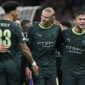 MADRID, SPAIN - DECEMBER 10: Manchester City's Erling Haaland (C) celebrates his goal with teammates during the UEFA Champions League Matchday 6 game against Real Madrid at Bernabeu Stadium in Madrid, Spain, on December 10, 2025. (Photo by Burak Akbulut/Anadolu via Getty Images)