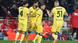 TURIN, ITALY - DECEMBER 08:  Christian Pulisic of AC Milan celebrates with team-mates after scoring the goal during the Serie A match between Torino FC and AC Milan at Stadio Olimpico di Torino on December 08, 2025 in Turin, Italy. (Photo by Claudio Villa/AC Milan via Getty Images)