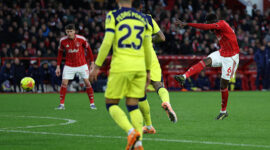 Nottingham Forest's Ivorian midfielder #06 Ibrahim Sangare scores the team's third goal during the English Premier League football match between Nottingham Forest and Tottenham Hotspur at The City Ground in Nottingham, central England, on December 14, 2025. (Photo by Darren Staples / AFP via Getty Images) / RESTRICTED TO EDITORIAL USE. No use with unauthorized audio, video, data, fixture lists, club/league logos or 'live' services. Online in-match use limited to 120 images. An additional 40 images may be used in extra time. No video emulation. Social media in-match use limited to 120 images. An additional 40 images may be used in extra time. No use in betting publications, games or single club/league/player publications. /