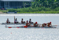 CHONBURI, THAILAND - DECEMBER 16: Ali Mardiansyah, Ihram, Rafiq Wijdan Yasir and Ardi Isadi of Team Indonesia react after winning the Gold Medal after the Lightweight Men's Quadruple sculls Gold Event on day seven of the 33rd SEA Games at Royal Thai Navy Rowing and Canoeing Training Centre, Rayong on December 16, 2025 in Chonburi, Thailand. (Photo by Mark Fredesjed Cristino/Getty Images)
