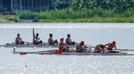 CHONBURI, THAILAND - DECEMBER 16: Ali Mardiansyah, Ihram, Rafiq Wijdan Yasir and Ardi Isadi of Team Indonesia react after winning the Gold Medal after the Lightweight Men's Quadruple sculls Gold Event on day seven of the 33rd SEA Games at Royal Thai Navy Rowing and Canoeing Training Centre, Rayong on December 16, 2025 in Chonburi, Thailand. (Photo by Mark Fredesjed Cristino/Getty Images)