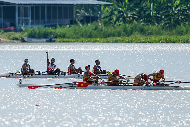 CHONBURI, THAILAND - DECEMBER 16: Ali Mardiansyah, Ihram, Rafiq Wijdan Yasir and Ardi Isadi of Team Indonesia react after winning the Gold Medal after the Lightweight Men's Quadruple sculls Gold Event on day seven of the 33rd SEA Games at Royal Thai Navy Rowing and Canoeing Training Centre, Rayong on December 16, 2025 in Chonburi, Thailand. (Photo by Mark Fredesjed Cristino/Getty Images)