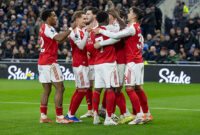 Viktor Gyokeres #14 of Arsenal F.C. celebrates his goal with teammates during the Premier League match between Everton and Arsenal at Hill Dickinson Stadium in Liverpool, England, on December 20, 2025. (Photo by Mike Morese/MI News/NurPhoto via Getty Images)
