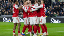 Viktor Gyokeres #14 of Arsenal F.C. celebrates his goal with teammates during the Premier League match between Everton and Arsenal at Hill Dickinson Stadium in Liverpool, England, on December 20, 2025. (Photo by Mike Morese/MI News/NurPhoto via Getty Images)