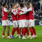 Viktor Gyokeres #14 of Arsenal F.C. celebrates his goal with teammates during the Premier League match between Everton and Arsenal at Hill Dickinson Stadium in Liverpool, England, on December 20, 2025. (Photo by Mike Morese/MI News/NurPhoto via Getty Images)