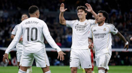 MADRID, SPAIN - DECEMBER 20: Kylian Mbappe of Real Madrid celebrate 2-0 with Gonzalo Garcia of Real Madrid, Rodrygo of Real Madrid  during the LaLiga EA Sports  match between Real Madrid v Sevilla at the Estadio Santiago Bernabeu on December 20, 2025 in Madrid Spain (Photo by Maria Gracia Jimenez/Soccrates/Getty Images)
