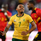 South Africa's midfielder #07 Oswin Appollis (C) celebrates scoring his team's first goal during the Africa Cup of Nations (CAN) Group B football match between South Africa and Angola at Marrakesh Stadium in Marrakesh, Morocco on December 22, 2025. (Photo by Khaled DESOUKI / AFP via Getty Images)