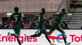 Nigeria's defender #06 Semi Ajayi (R) celebrates his goal during the Africa Cup of Nations (CAN) Group C football match between Nigeria and Tanzania at Fez Stadium in Fes on December 23, 2025. (Photo by Abdel Majid BZIOUAT / AFP via Getty Images)
