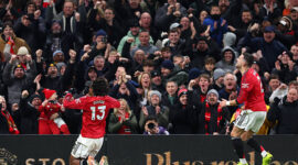 MANCHESTER, ENGLAND - DECEMBER 26: Patrick Dorgu of Manchester United celebrates scoring his team's first goal during the Premier League match between Manchester United and Newcastle United at Old Trafford on December 26, 2025 in Manchester, England. (Photo by Molly Darlington/Copa/Getty Images)