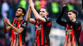 MILAN, ITALY - DECEMBER 28: David Odogu of AC Milan, Adrian Rabiot of AC Milan, Alexis Saelemaekers of AC Milan celebrating their sides win during the Serie A match between AC Milan and Hellas Verona FC at Giuseppe Meazza Stadium on December 28, 2025 in Milan, Italy. (Photo by Alberto Gandolfo/BSR Agency/Getty Images)