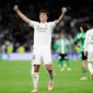 Gonzalo Garcia of Real Madrid celebrates a goal during the La Liga 2025/26 match between Real Madrid and Real Betis at Santiago Bernabeu Stadium in Madrid, Spain, on January 4, 2026.  (Photo by Guille Martinez/f22photo/NurPhoto via Getty Images)